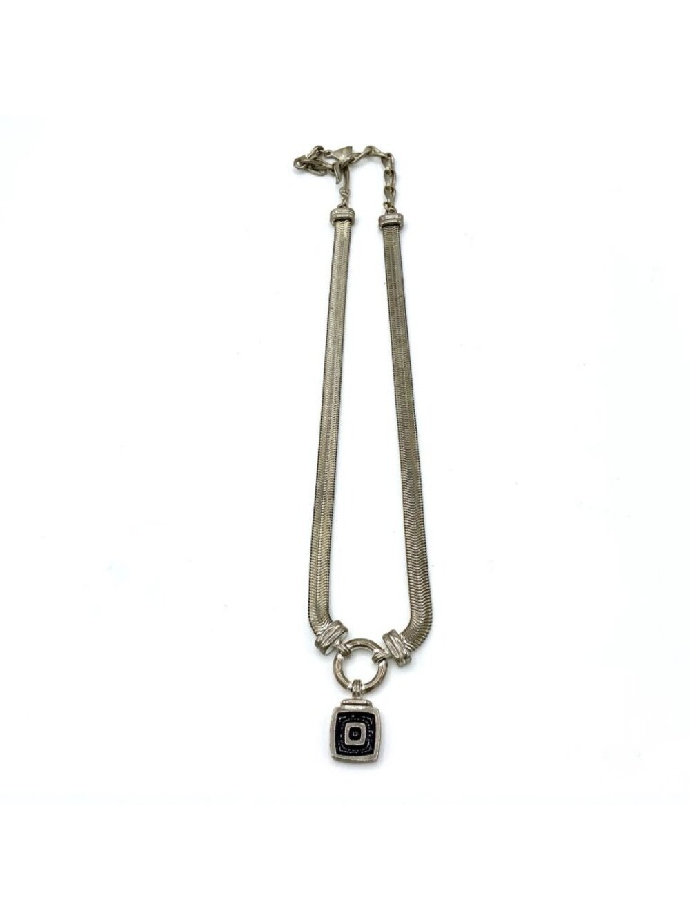 Vtg Liz Claiborne LCI Silver Tone Gaspipe Choker Black Enamel Pendant Necklace